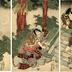 Triptych of a moonlit scene at a sacred Shintō site from the play <i>Yamatogana Heike monogatari</i> [倭仮名平家物語] - Iwai Hanshirō V (岩井半四郎) on the left as Monomi no Omatsu (物見のお松); Segawa Kikunojō V (瀬川菊之丞) in the center; Matsumoto Kōshirō V (松本幸四郎) on the right 
