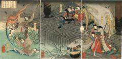 'Birds of Sorrow' (<i>Utō): Tarō Yoshikado</i> (太郎良門) in the ruins of a Taira palace; Princess Takiyasha (滝夜叉), Yoshikado's sister, is on the right - on the left are the spirits of Yasukata (安方) and his wife transformed into birds