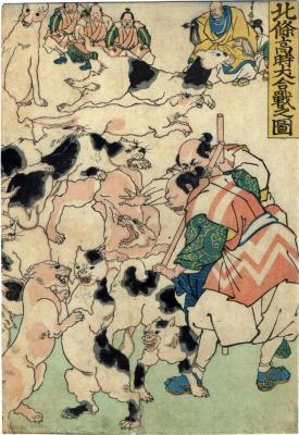 Hōjō Takatoki watching a dog fight (北條高時犬合戦之圖) - attributed to Kuniyoshi - right-hand panel of a diptych
