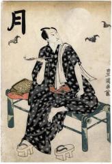 The Moon (月): Onoe Matsusuke II [尾上松助] relaxing at night viewing the moon and bats