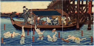 Triptych of kabuki actors on a pleasure outing sailing by a group of performing swimmers who are themselves kabuki actors 