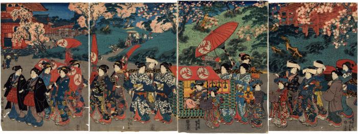Procession of women at the Tōshōgū Shrine in Ueno - four panels of a pentaptych