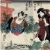 Onoe Kikugorō III (尾上菊五郎) as Satō Yomoshichi (与茂七) on the left and Oiwa (お岩ぼふこん) on the right and Seki Sanjūrō II (関三十郎) as Tamiya Iemon (伊右衛門) also on  the right