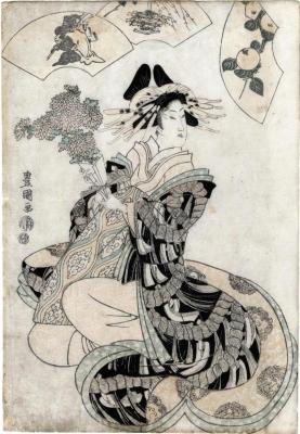 An <i>oiran</i> holding a bouquet of gift-wrapped chrysanthemums - Zodiac sign of the monkey - the 9th month