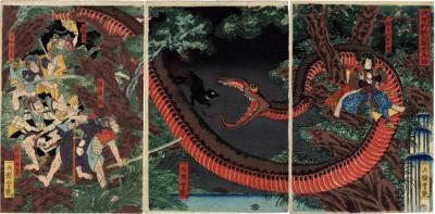 Yorimitsu Tries to Capture Hakamadare by Destroying His Magic (<i>Kijutsu o yabutte Yorimitsu Hakamadare o karamen to su</i> - 破奇術頼光袴垂為搦)
