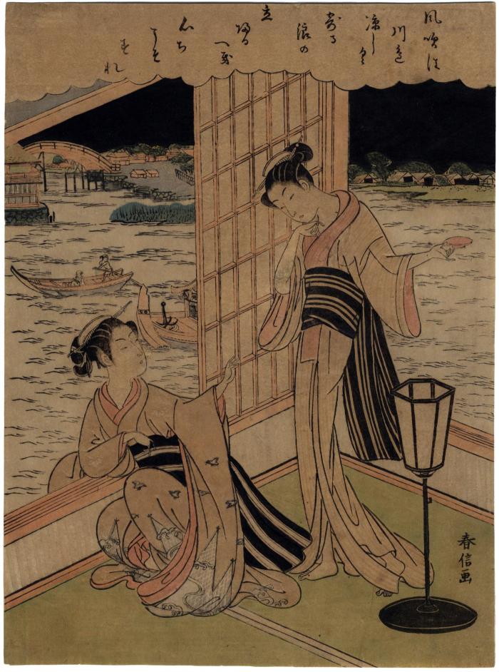 Two bijin enjoying a summer evening along the Sumida in Edo