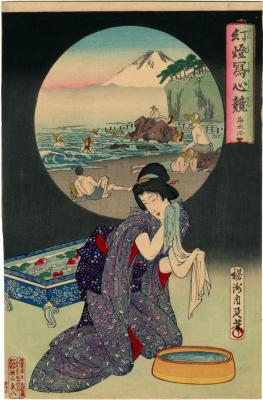 Bijin washing herself from 'Collection of Magic Lantern Images: Bathing' (幻燈写心競 - 海水浴)