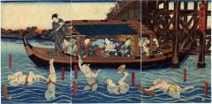 Triptych of kabuki actors on a pleasure outing sailing by a group of performing swimmers who are themselves kabuki actors 