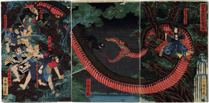 Yorimitsu tries to capture Hakamadare by destroying his magic (<i>Kijutsu o yabutte Yorimitsu Hakamadare o karamen to su</i> - 破奇術頼光袴垂為搦) 
