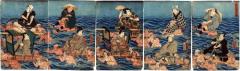Imaginary scene of the crossing of the Ōi River (<i>Ōikawa mitate kawagoshi</i> - 大井川見立川越): Nakamura Fukusuke I and Nakamura Tsuruzō I on the right; Iwai Kumesaburō III and Nakamura Ichizō I (?); Ichikawa Kodanji IV and Bandō Hikosaburō V; Onoe Kikujirō II and Kataoka Gadō II; and Arashi Kichisaburō III and Onoe Kikugorō IV on the left