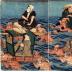 Imaginary scene of the crossing of the Ōi River (<i>Ōikawa mitate kawagoshi</i> - 大井川見立川越): Nakamura Fukusuke I and Nakamura Tsuruzō I on the right; Iwai Kumesaburō III and Nakamura Ichizō I (?); Ichikawa Kodanji IV and Bandō Hikosaburō V; Onoe Kikujirō II and Kataoka Gadō II; and Arashi Kichisaburō III and Onoe Kikugorō IV on the left