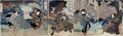 Nakamura Utaemon III (中村歌右衛門) as Komafune Hachirō (駒夫根八郎) on the far right, next is Nakamura Tomijūrō II (中村富十郎) as Komafune's wife Okane (駒舟女房おかね), Arashi Rikan II (嵐璃寛) as Awashima Kainosuke (粟島甲斐之助) in the center, Nakamura Shikan II (中村芝翫) as Amako Komawakamaru (尼子駒若丸) and Iwai Shijaku I (岩井紫若) as the packhorse driver Osaka, actually Yukari no Mae (馬方おさく実はゆかりノ前) on the far left, in <i>Keisei Nazuna No Sekku</i> (aka <i>Keisei Himehajime</i> [けいせい飛馬始]) - a <i>mitate</i>