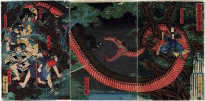 Yorimitsu tries to capture Hakamadare by destroying his magic (<i>Kijutsu o yabutte Yorimitsu Hakamadare o karamen to su</i> - 破奇術頼光袴垂為搦) 
