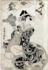 An <i>oiran</i> holding a bouquet of gift-wrapped chrysanthemums - Zodiac sign of the monkey - the 9th month