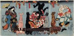 Yamauba (山姥) on the left, Kaidōmaru (怪童丸) in the center, and Mita no shi (三田仕) on the right - with acrobatic men dressed as animals - possibly from a <i>shosagoto</i> [所作事] performance