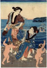 <i>View of Enoshima and Fuji from Shichirigahama</i> (<i>Shichiri gahama yori Enoshima no tokei</i> - 七里ヶ浜より江の島乃遠景) - center panel of a triptych