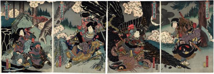 Four actors performing in a <i>mitate</i>: Nakamura Utaemon III (中村歌右衛門) as Tsujikaze Hachihei (辻風八平) on the far right, to his left is Arashi Rikan II (嵐璃寛) as Ushiwaka Saburō (牛若三郎), next is Nakamura Shikan II (中村芝翫) as Inaba Taro (稲葉太良) and on the far left is Iwai Shijaku I (岩井紫若) as Inaba (稲場)