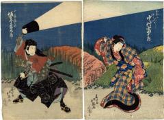 The far left panels of a four panel composition: Nakamura Tomijūrō II (中村富十郎) as Gion Okaji (ぎおんおかじ) and Bandō Jūtarō I (坂東寿太郎) as Saitō Kuranosuke (斎藤蔵之助) - these are the two left panels of a tetraptych - from the play <i>Keisei chigogafuchi</i>  (The Chigogafuchi Pool - けいせい稚児淵)