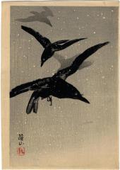Crows flying in a snowstorm