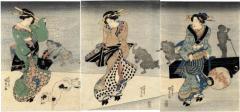 Triptych of three beauties on their way to an assignation - the Night Escort (<i>Yoru no okuri</i> 夜の送り) 