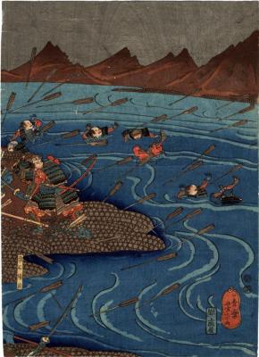 Nichirai Shōnin [日来上人] at the Battle of Kawanakajima [川中島合戦の日来上人] - middle panel of a triptych