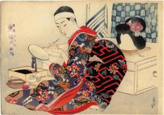 Actor applying his makeup from the story of 'The Mirror and the Sword'.