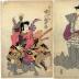 Nakamura Utaemon III (中村歌右衛門) as Saibara Kageyu (才原勘解由) on the right and Ichikawa Ebijūrō I (市川鰕十郎) as Matsugae Tekinosuke (松が枝敵之介) in the play <i>Meiboku Sendai Hagi</i>
