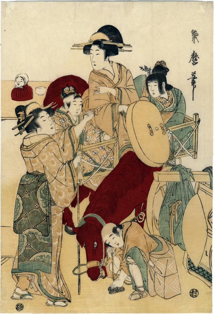 A traveling <i>bijin</i> on horseback pausing for a smoke