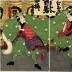 Ichimura Uzaemon XIII (left) as Tekomai Takekichi (手古舞竹吉) and Kawarasaki Gonjūrō I (right) as Tekomai Masukichi (手古舞升吉) from the play <i>Jitsugetsusei chūya no oriwake</i> (日月星昼夜織分 - <i>The Weaving Together of the Sun, Moon, and Stars at Day and at Night</i>) 