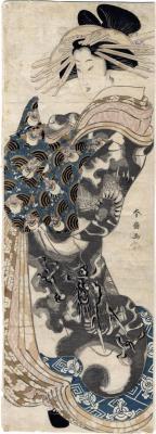 <i>Kakemono of an <i>oiran</i> in a black </i>uchikake decorated with a dragon in a night sky