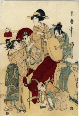 A traveling <i>bijin</i> on horseback pausing for a smoke