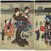 Triptych of three <i>bijin</i> and children gathering outdoors at dusk in the summertime