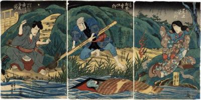 Onbō canal scene from the <i>Tōkaidō Yotsuya Kaidan</i> with Ichikawa Ebizō V (市川海老蔵) on the left as Kamiya Iemon (神谷伊右衛門), Matsumoto Kōshirō V (松本幸四郎) as Naosuke (直助), Iemon's assistant, Onoe Kikugorō III (尾上菊五郎) as Oiwa floating in the river, and Onoe Eizaburō III (尾上栄三郎) on the right as Oyumi (お弓)