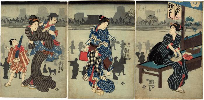 Triptych of three <i>bijin</i> and children gathering outdoors at dusk in the summertime