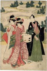 Sawamura Gennosuke I [初代沢村源之助] with two <i>bijin</i> gathering pine branches or a New Year's celebration from the series 十二組の内 (<i>Jūni kumi no uchi</i>) - center panel of a triptych