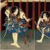 Ichikawa Danjūrō VIII (八代目市川団十郎) as Soga Gorō Takimune (曽我五郎時宗) on the right and Ichimura Takenojō V as Soga Jūrō Sukenari (曽我十郎祐成) on the left - the center and right panels of a triptych
