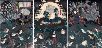 At Hell Valley on Mount Tate in Etchū Province, Nikushi Dōjin demonstrates a battle of frogs and teaches magic to the two comrades Yoshikado and Iga Ju (<i>Etchū Tateyama no Jigokudani ni Nikushi Dōjin kawazu kassen no ki o arawashi Yoshikado Iga Ju no ryōyū</i>) 