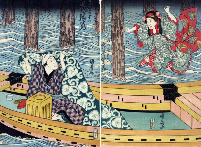 Iwai Shijaku I (岩井紫若) as the courtesan Minoya Sankatsu (みの屋三勝), jumping into a boat from a bridge to join her lover Arashi Rikan II (嵐璃寛) as Akaneya Hanshichi (赤根屋半七) in the play <i>Daigashira Midori no Iromaku</i> ['The Surge of Love Beneath the Green Cover' 台頭緑色幕]