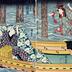 Iwai Shijaku I (岩井紫若) as the courtesan Minoya Sankatsu (みの屋三勝), jumping into a boat from a bridge to join her lover Arashi Rikan II (嵐璃寛) as Akaneya Hanshichi (赤根屋半七) in the play <i>Daigashira Midori no Iromaku</i> ['The Surge of Love Beneath the Green Cover' 台頭緑色幕]
