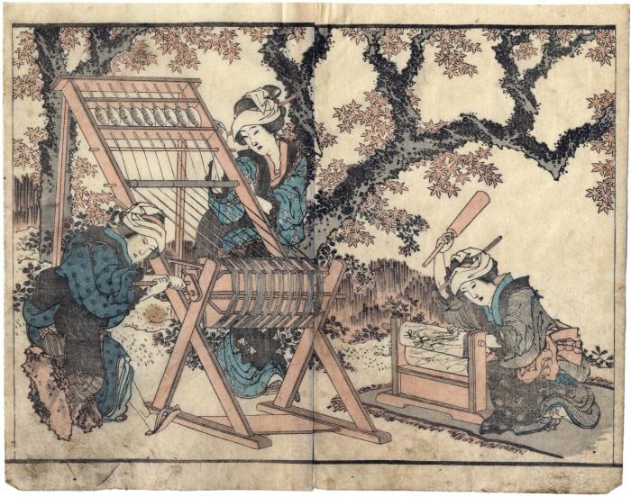 Fulling and a threading loom - two page illustration from the <i>Hokusai gafu</i> or 'Hokusai Picture Book'