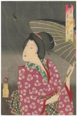 Bijin with an umbrella watching a bird in flight from the series <i>Annual Events and Customs in the Capital</i> (<i>Azuma fūzoku nenjū gyōji</i> - 東風俗年中行事) - the 4th Month (四月)