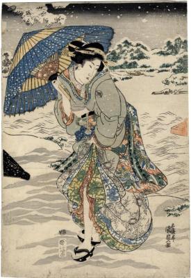 Courtesan with umbrella in snow - middle panel of a <i>mitate</i> triptych - title: <i>Gentoku fūsetsu ni Kōmei o tazureru</i> - 玄徳風雪訪孔明 - a parody of Gentoku visiting Kōmei in the snow  
