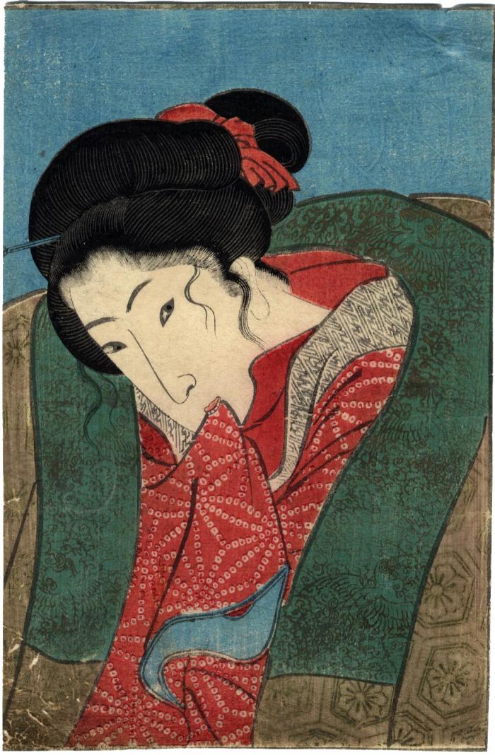 Opening page of volume one of the <i>Edo nishiki Azuma bunko</i> [江戸錦吾妻文庫] - Seductive <i>bijin</i> in winter biting her kimono