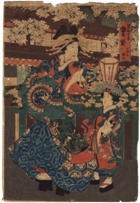 The courtesan Mayuzumi (黛) from the Sakuragi house (さくらぎや) from the school of Kunisada - one panel of a pentaptych 