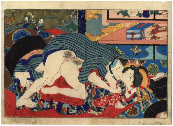 Couple in front of a screen having sex - from the <i>Iro shiki shi</i> (色四季志)