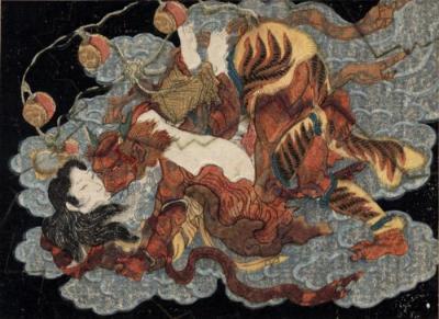 A tattooed woman having sex with Raijin, the god of thunder and lightning