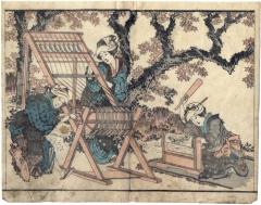 Fulling and a threading loom - two page illustration from the <i>Hokusai gafu</i> or 'Hokusai Picture Book'