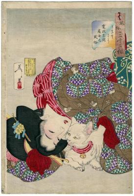<i>Looking Tiresome: The Appearance of a Virgin of the Kansei Era</i> (<i>Urusasō</i> - うるささう: <i>Kansei nenkan shojo no fūzoku</i> - 寛政年間処女之風俗) from the series <i>Thirty-two Aspects of Customs and Manners</i> (<i>Fūzoku sanjūnisō</i> - 風俗三十二相)