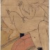 Woman with baby climbing out of bathtub (子供を抱いて風呂から上がる女)