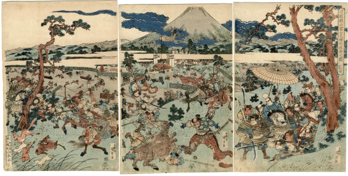 Minamoto Yoritomo's hunting party in the foothills below Mt. Fuji - <i>Minamoto Yoritomo kō Fuji no susono makigari no zu</i> (源頼朝公富士之裾野牧狩之図)